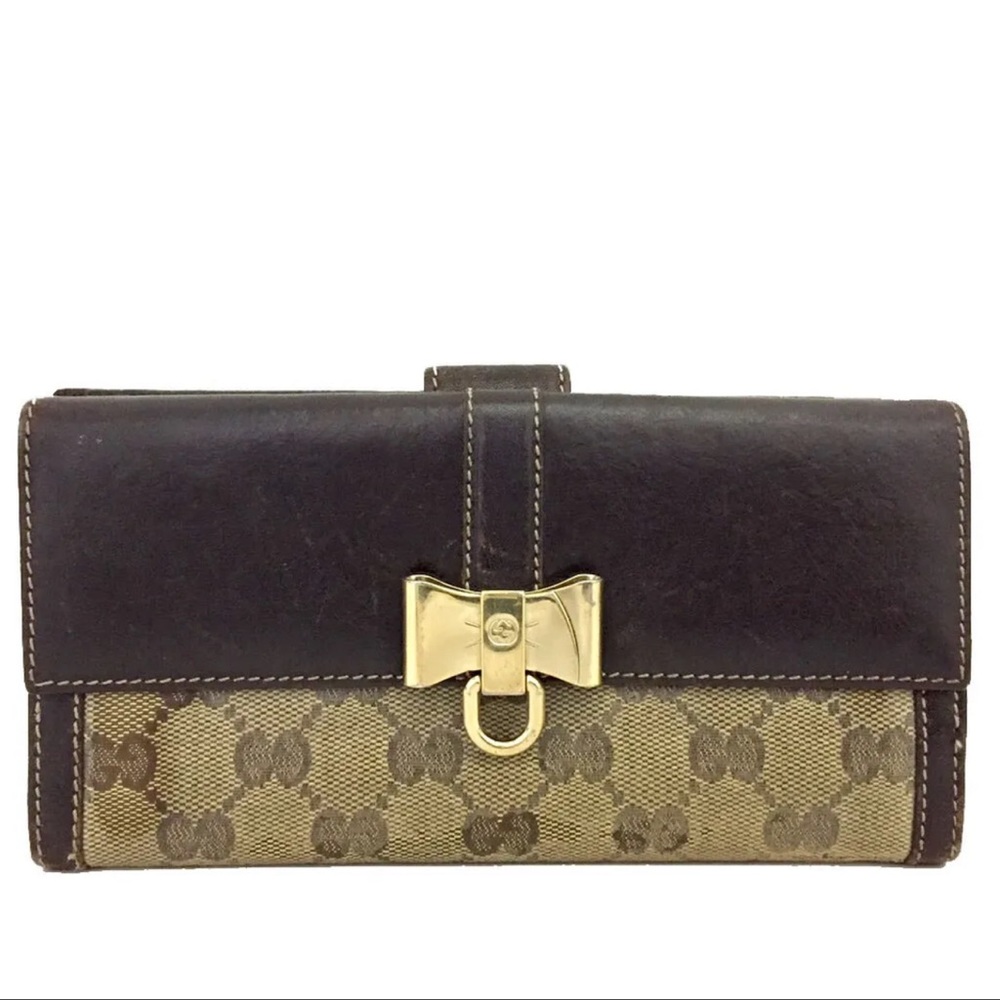 GUCCI Ribbon GG Logo Canvas Leather Long Bifold Wallet